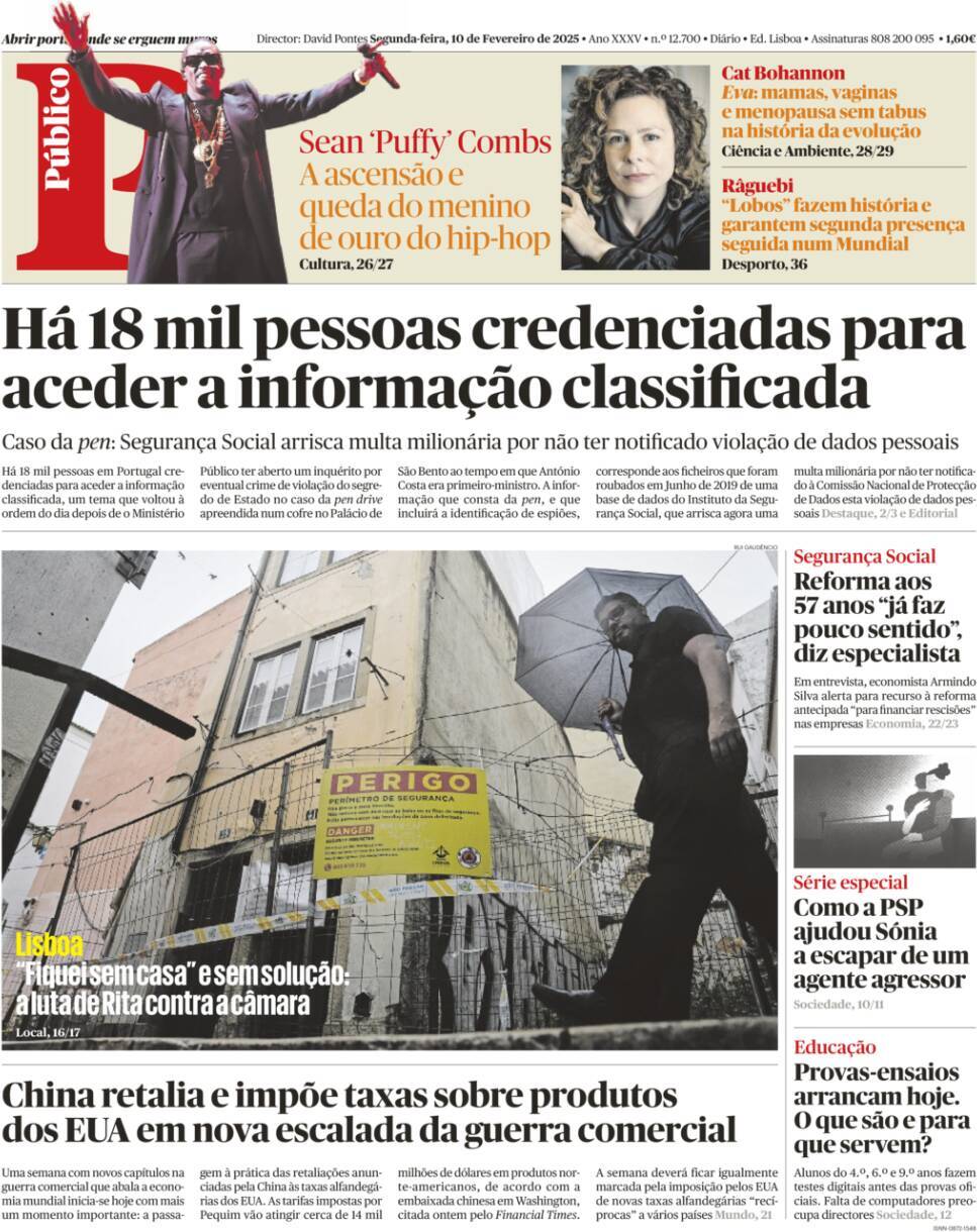P&uacute;blico: Capa da Edi&ccedil;&atilde;o de segunda-feira, 10 de fevereiro 2025