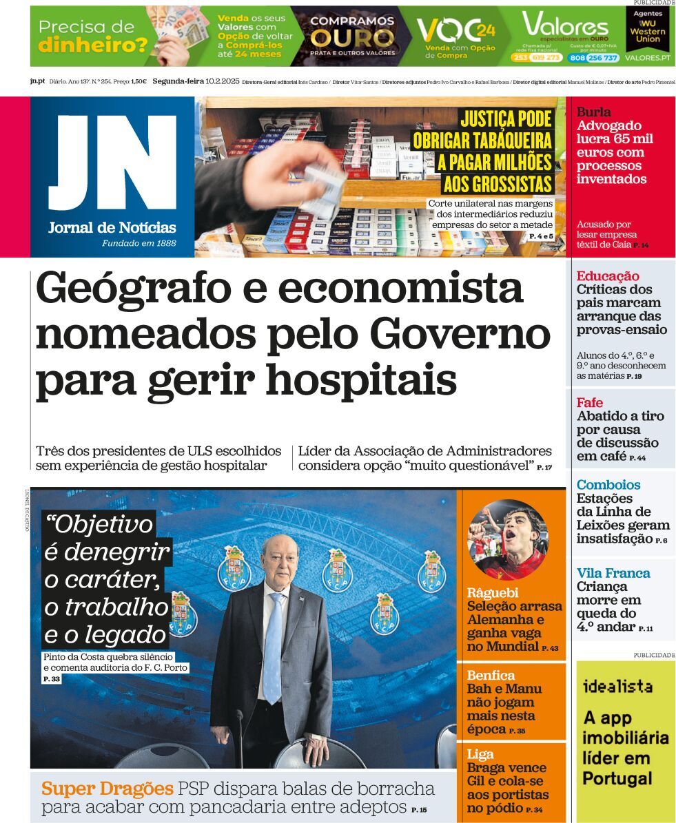 Jornal de Not&iacute;cias: Capa da Edi&ccedil;&atilde;o de segunda-feira, 10 de fevereiro 2025