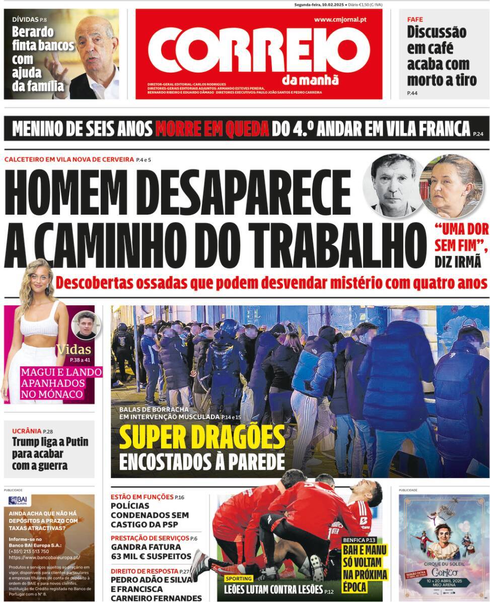 Correio da Manh&atilde;: Capa da Edi&ccedil;&atilde;o de segunda-feira, 10 de fevereiro 2025