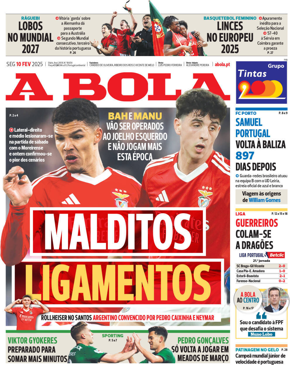 A Bola: Capa da Edi&ccedil;&atilde;o de segunda-feira, 10 de fevereiro 2025