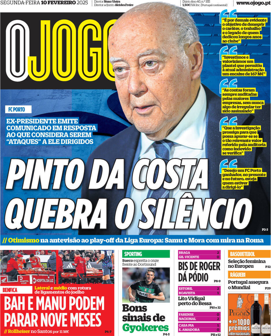 O Jogo: Capa da Edi&ccedil;&atilde;o de segunda-feira, 10 de fevereiro 2025