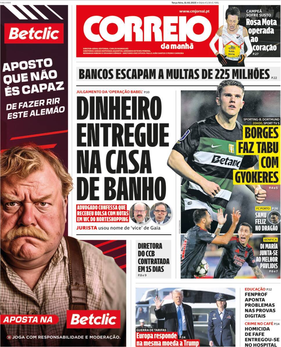 Correio da Manh&atilde;: Capa da Edi&ccedil;&atilde;o de ter&ccedil;a-feira, 11 de fevereiro 2025