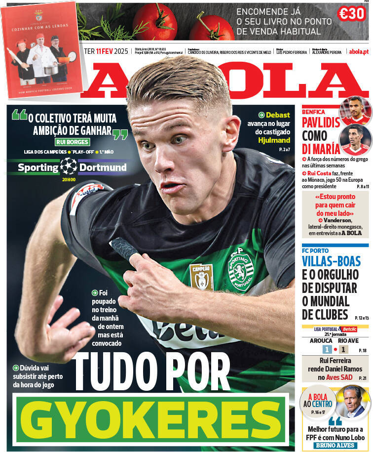 A Bola: Capa da Edi&ccedil;&atilde;o de ter&ccedil;a-feira, 11 de fevereiro 2025