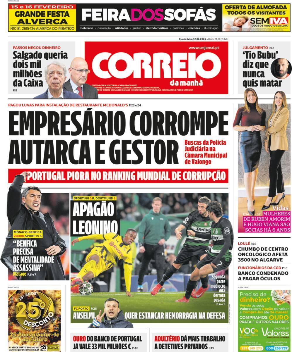 Correio da Manh&atilde;: Capa da Edi&ccedil;&atilde;o de quarta-feira, 12 de fevereiro 2025
