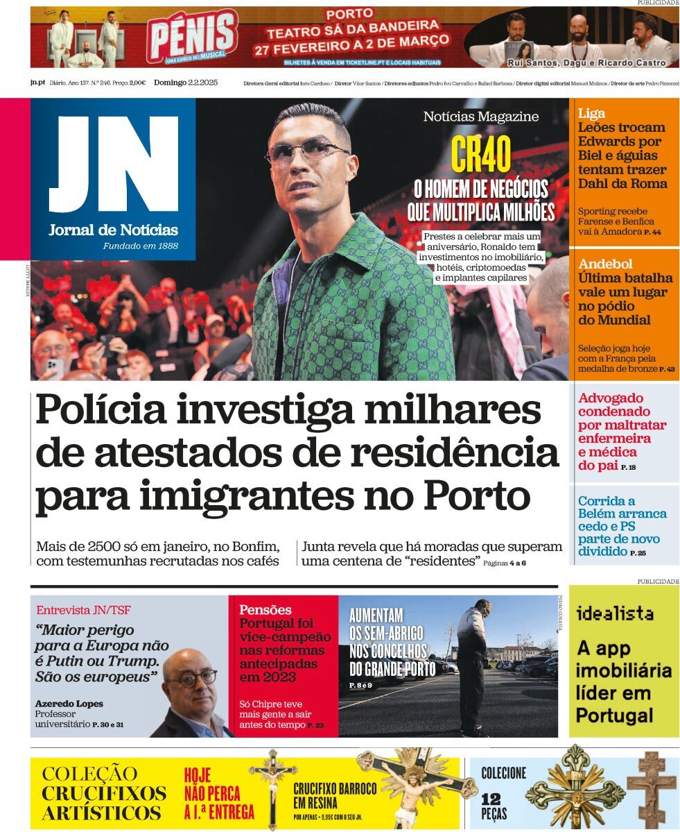 Jornal de Not&iacute;cias: Capa da Edi&ccedil;&atilde;o de domingo, 02 de fevereiro 2025