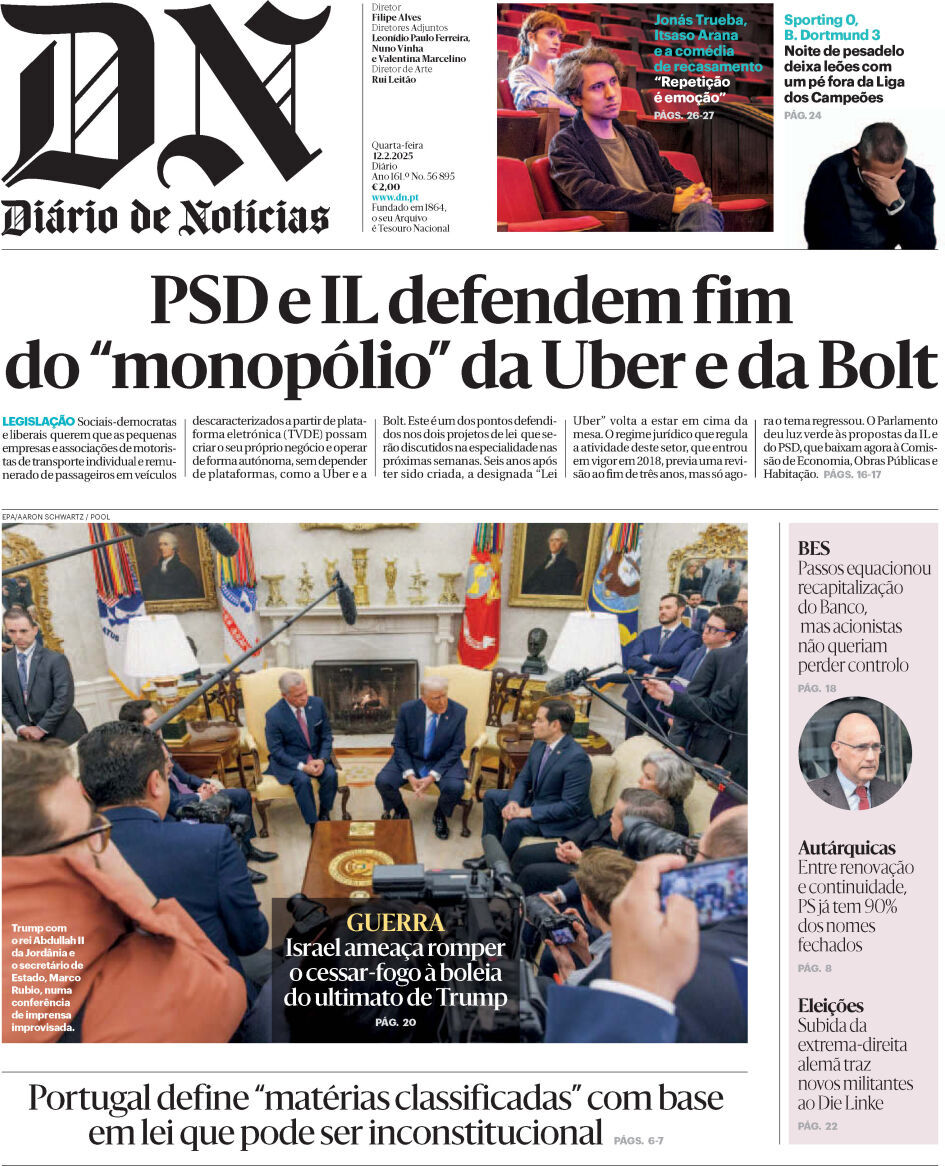Di&aacute;rio de Not&iacute;cias: Capa da Edi&ccedil;&atilde;o de quarta-feira, 12 de fevereiro 2025