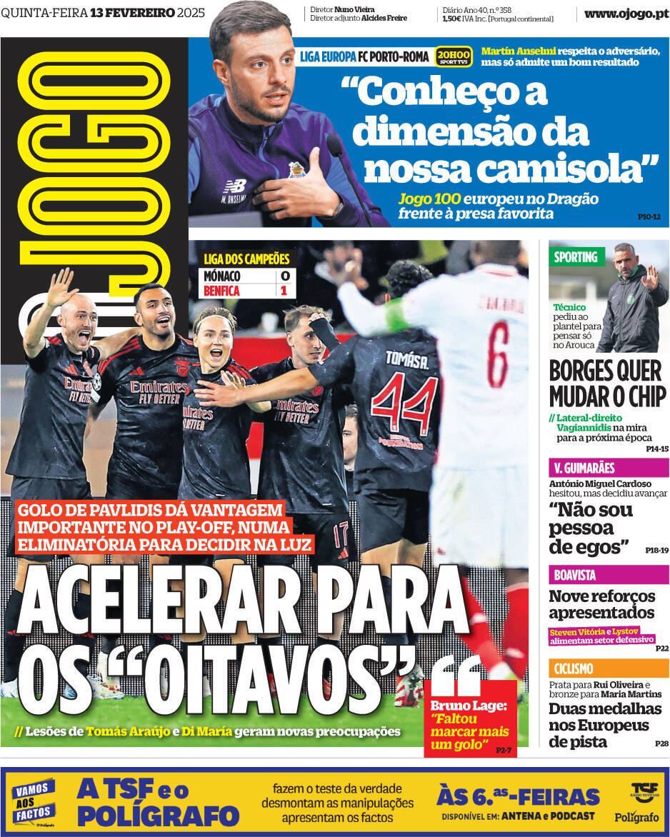 O Jogo: Capa da Edi&ccedil;&atilde;o de quinta-feira, 13 de fevereiro 2025