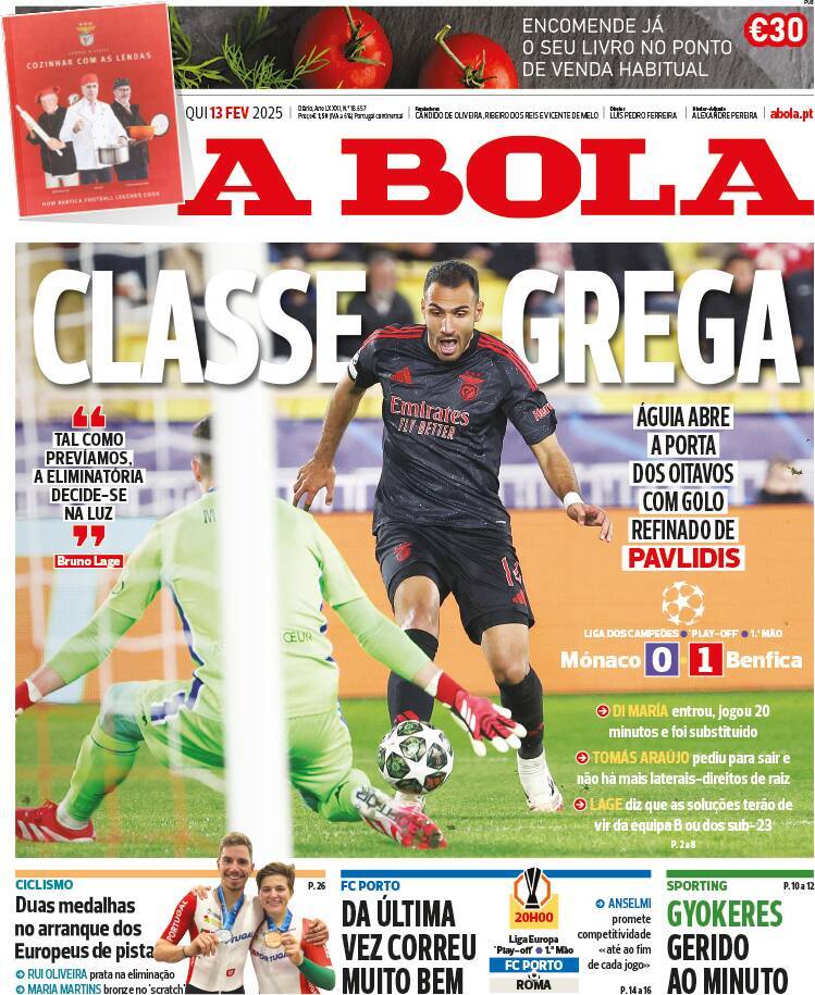 A Bola: Capa da Edi&ccedil;&atilde;o de quinta-feira, 13 de fevereiro 2025