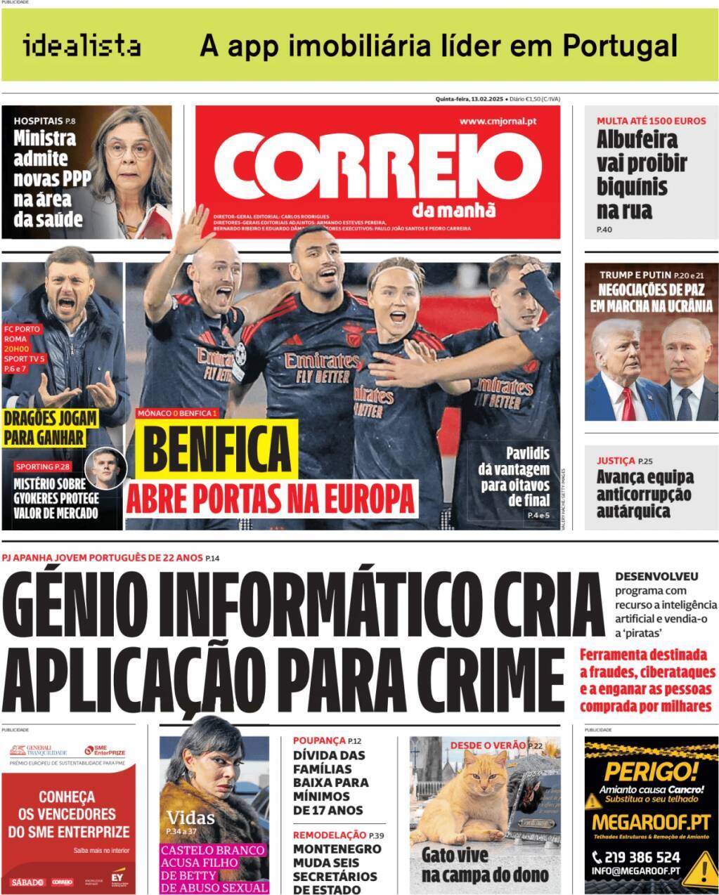 Correio da Manh&atilde;: Capa da Edi&ccedil;&atilde;o de quinta-feira, 13 de fevereiro 2025