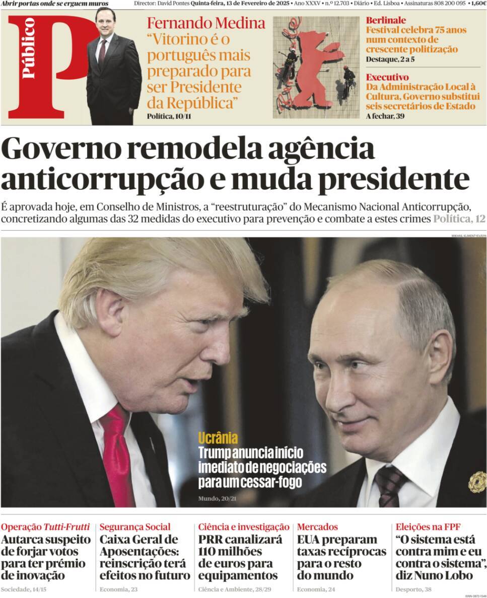 P&uacute;blico: Capa da Edi&ccedil;&atilde;o de quinta-feira, 13 de fevereiro 2025