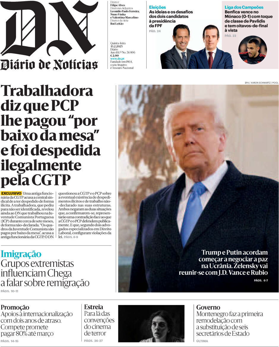 Di&aacute;rio de Not&iacute;cias: Capa da Edi&ccedil;&atilde;o de quinta-feira, 13 de fevereiro 2025