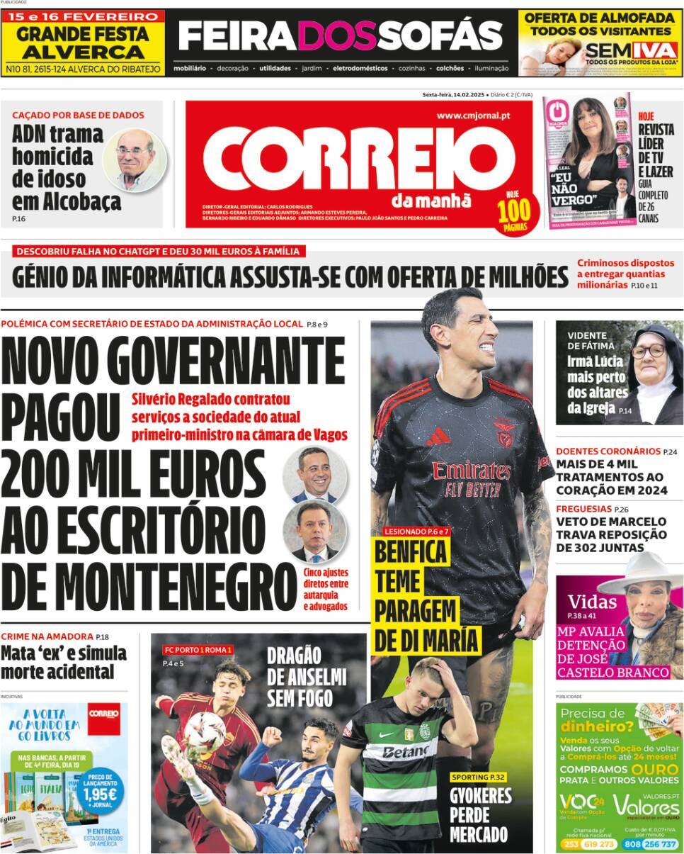 Correio da Manh&atilde;: Capa da Edi&ccedil;&atilde;o de sexta-feira, 14 de fevereiro 2025