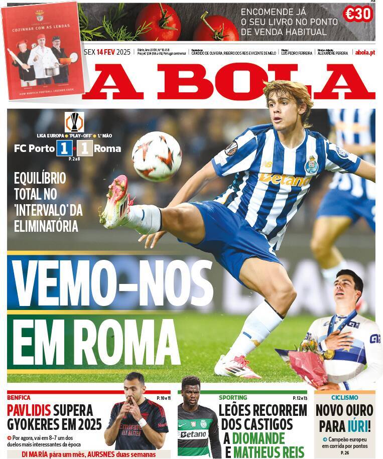 A Bola: Capa da Edi&ccedil;&atilde;o de sexta-feira, 14 de fevereiro 2025