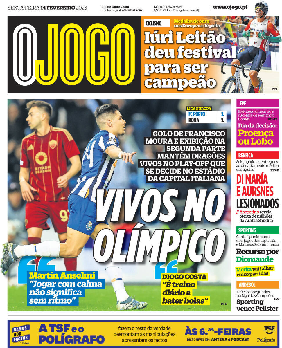 O Jogo: Capa da Edi&ccedil;&atilde;o de sexta-feira, 14 de fevereiro 2025