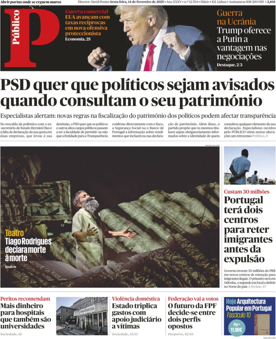 Jornal de Not&iacute;cias: Capa da Edi&ccedil;&atilde;o de sexta-feira, 14 de fevereiro 2025