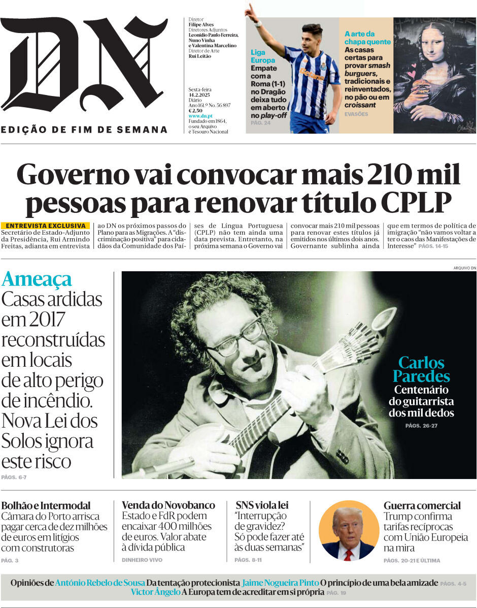 Di&aacute;rio de Not&iacute;cias: Capa da Edi&ccedil;&atilde;o de sexta-feira, 14 de fevereiro 2025