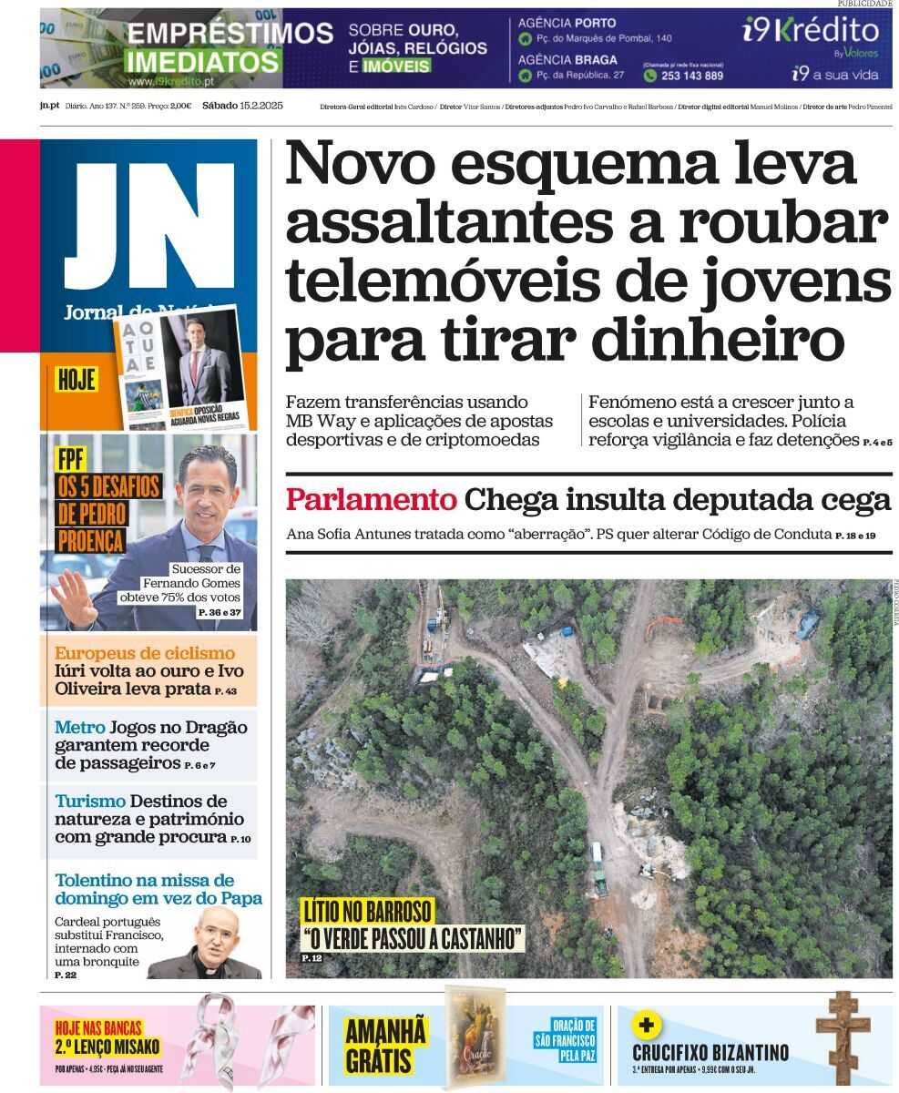 Jornal de Not&iacute;cias: Capa da Edi&ccedil;&atilde;o de s&aacute;bado, 15 de fevereiro 2025