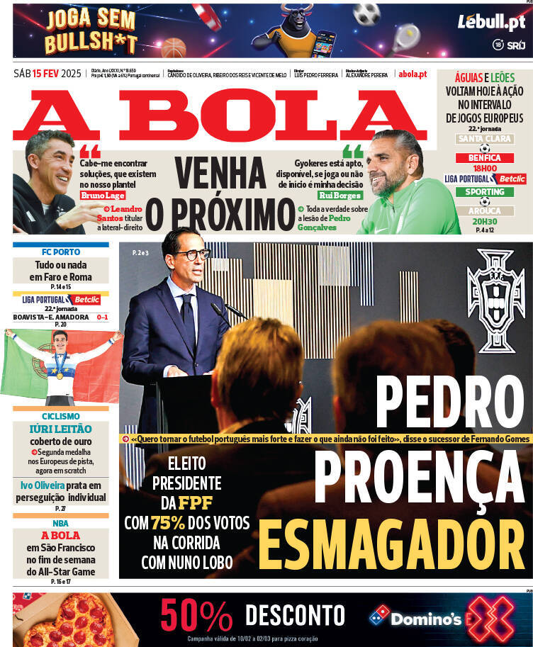 A Bola: Capa da Edi&ccedil;&atilde;o de s&aacute;bado, 15 de fevereiro 2025