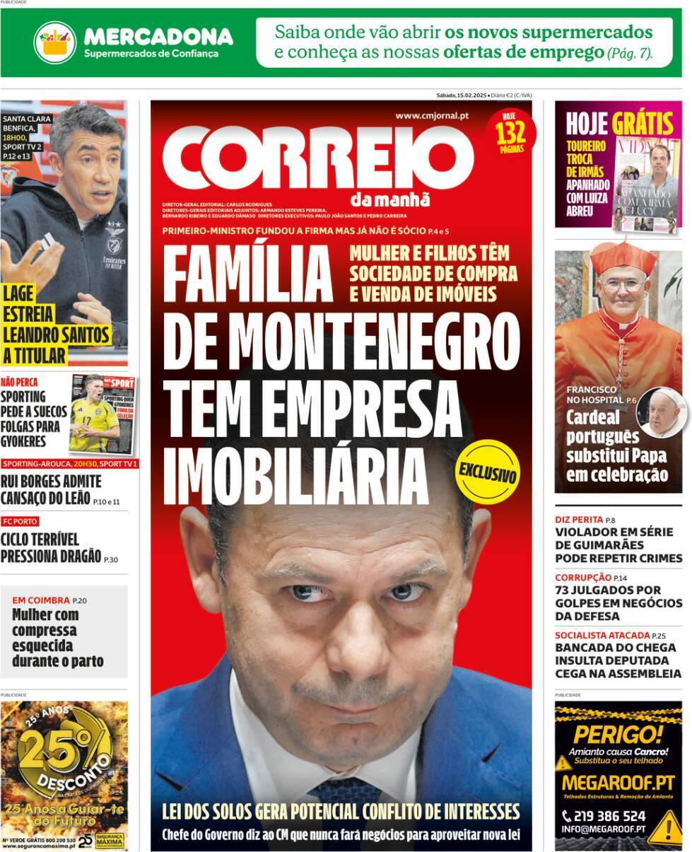 Correio da Manh&atilde;: Capa da Edi&ccedil;&atilde;o de s&aacute;bado, 15 de fevereiro 2025