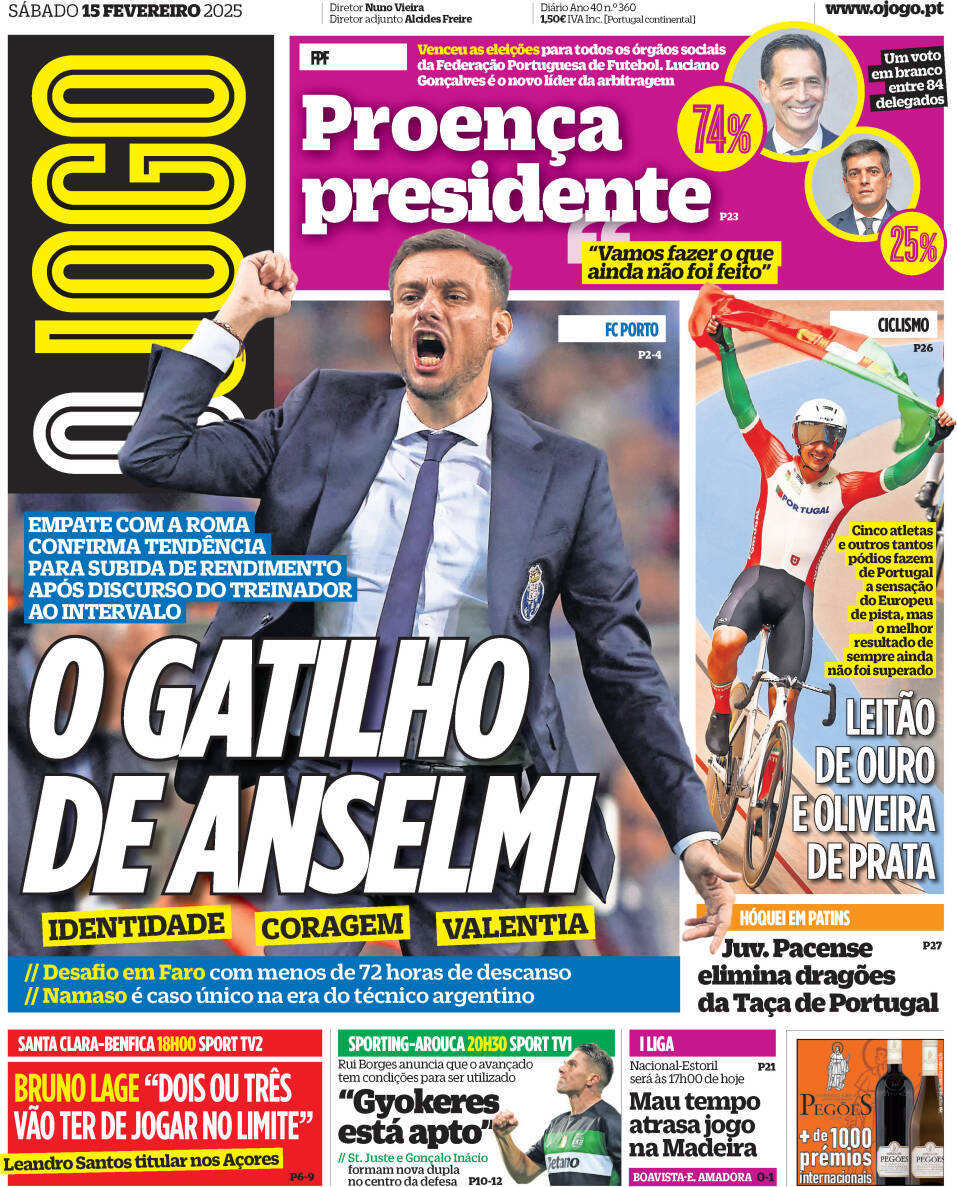 O Jogo: Capa da Edi&ccedil;&atilde;o de s&aacute;bado, 15 de fevereiro 2025