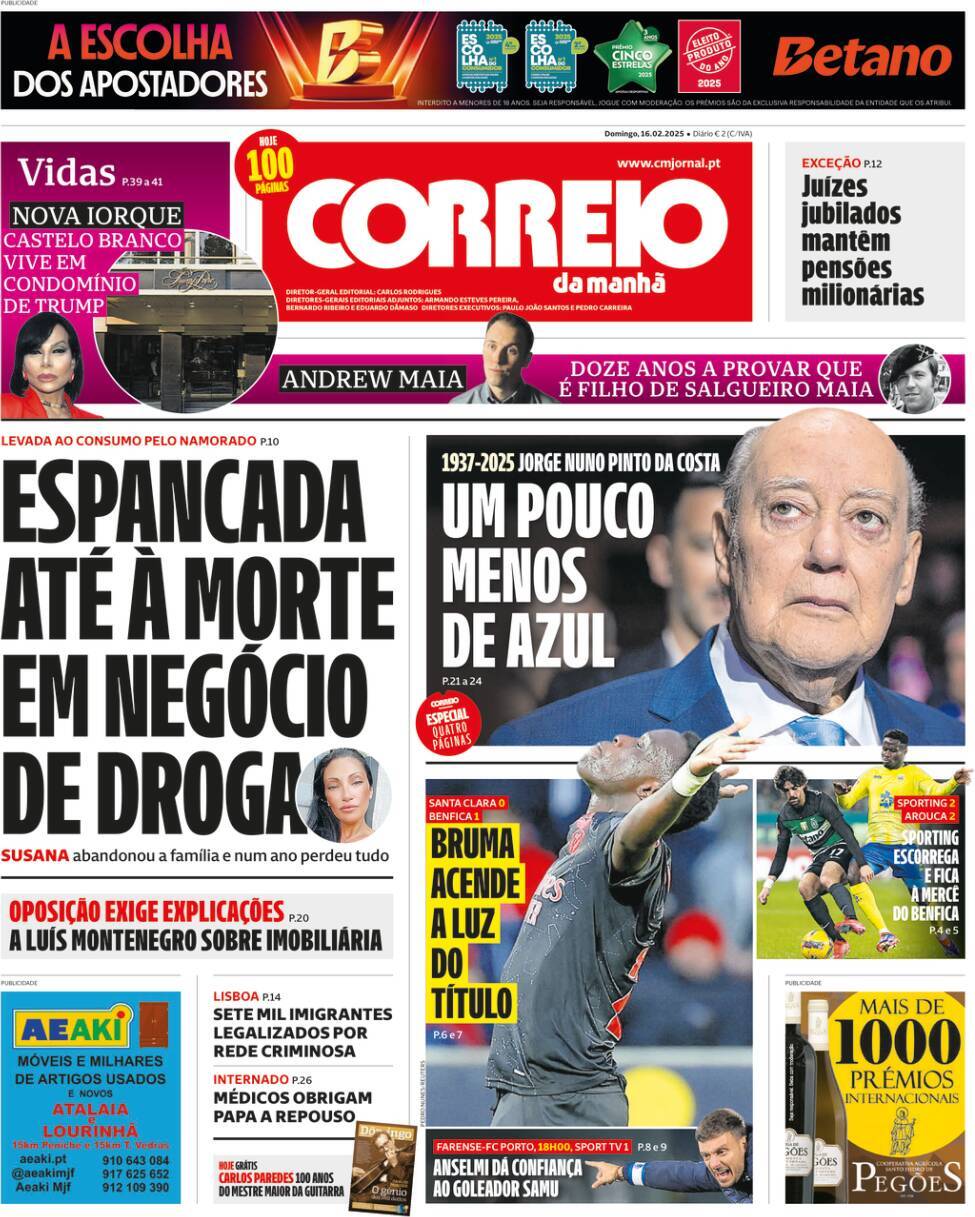 Correio da Manh&atilde;: Capa da Edi&ccedil;&atilde;o de domingo, 16 de fevereiro 2025