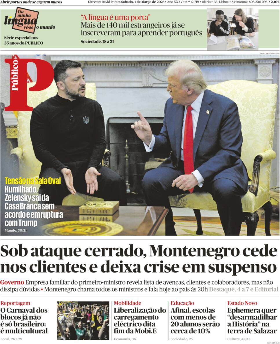 P&uacute;blico: Capa da Edi&ccedil;&atilde;o de s&aacute;bado, 01 de mar&ccedil;o 2025