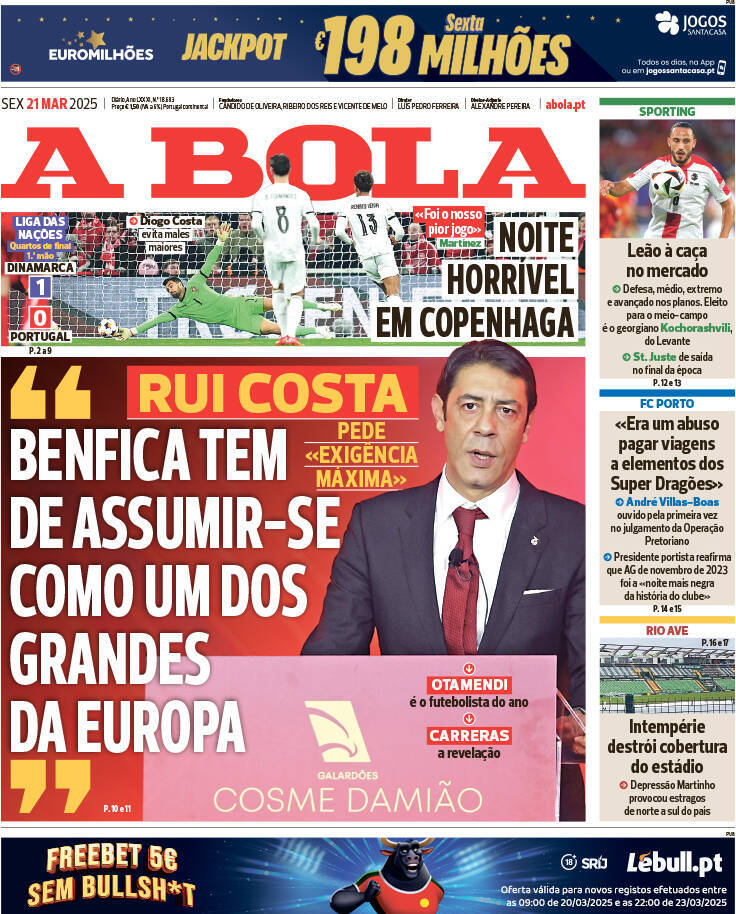 A Bola: Capa da Edi&ccedil;&atilde;o de sexta-feira, 21 de mar&ccedil;o 2025