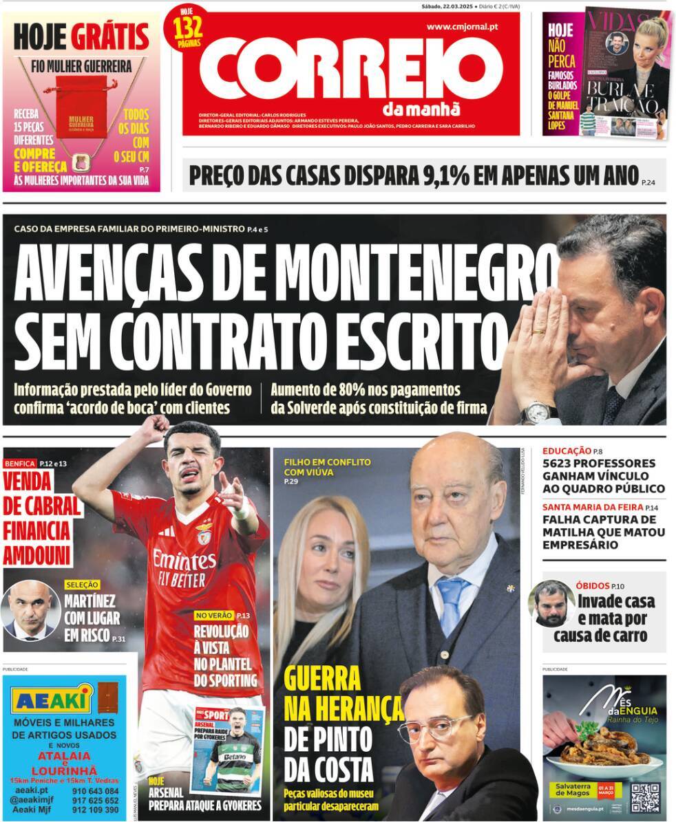 Correio da Manh&atilde;: Capa da Edi&ccedil;&atilde;o de s&aacute;bado, 22 de mar&ccedil;o 2025