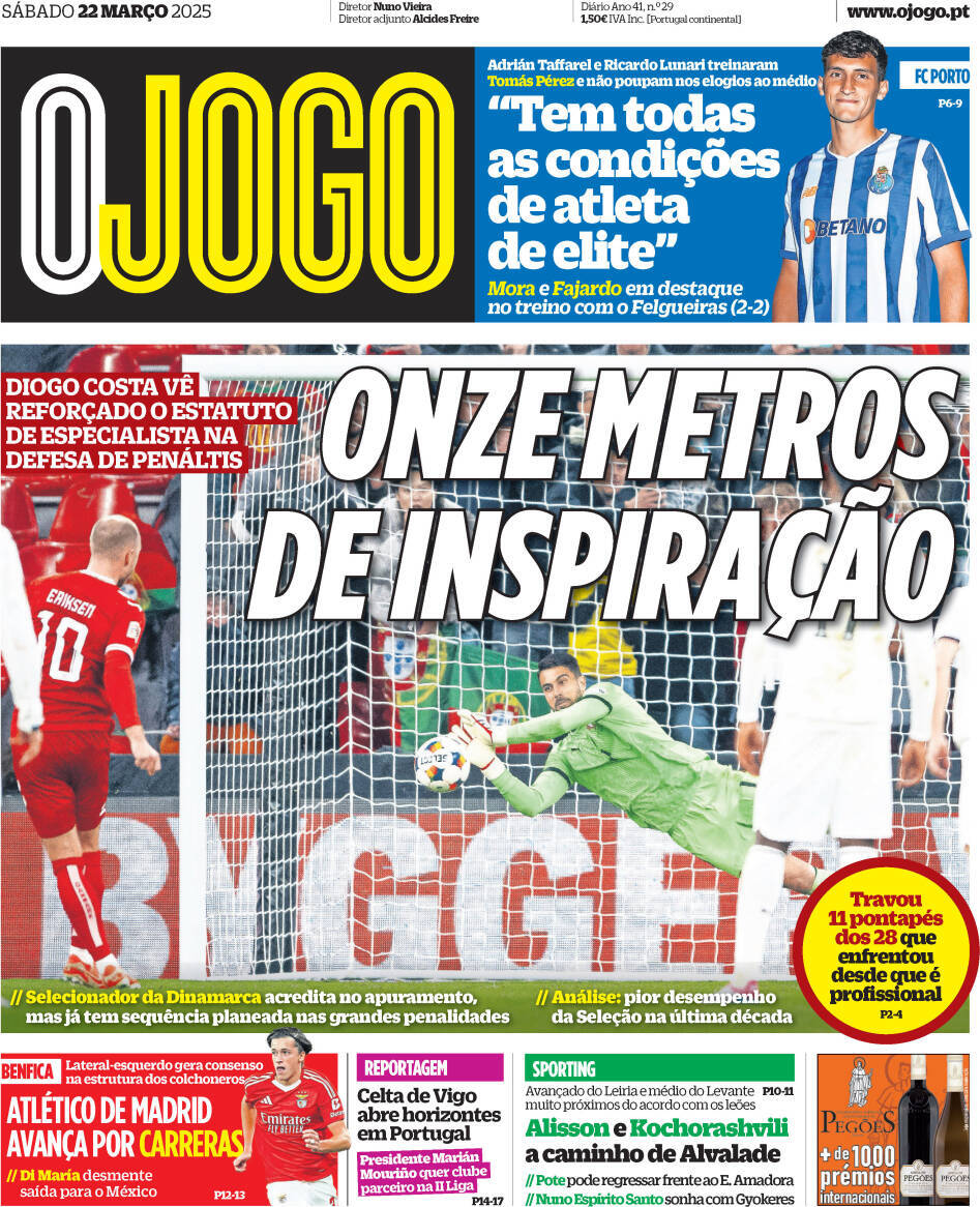 O Jogo: Capa da Edi&ccedil;&atilde;o de s&aacute;bado, 22 de mar&ccedil;o 2025