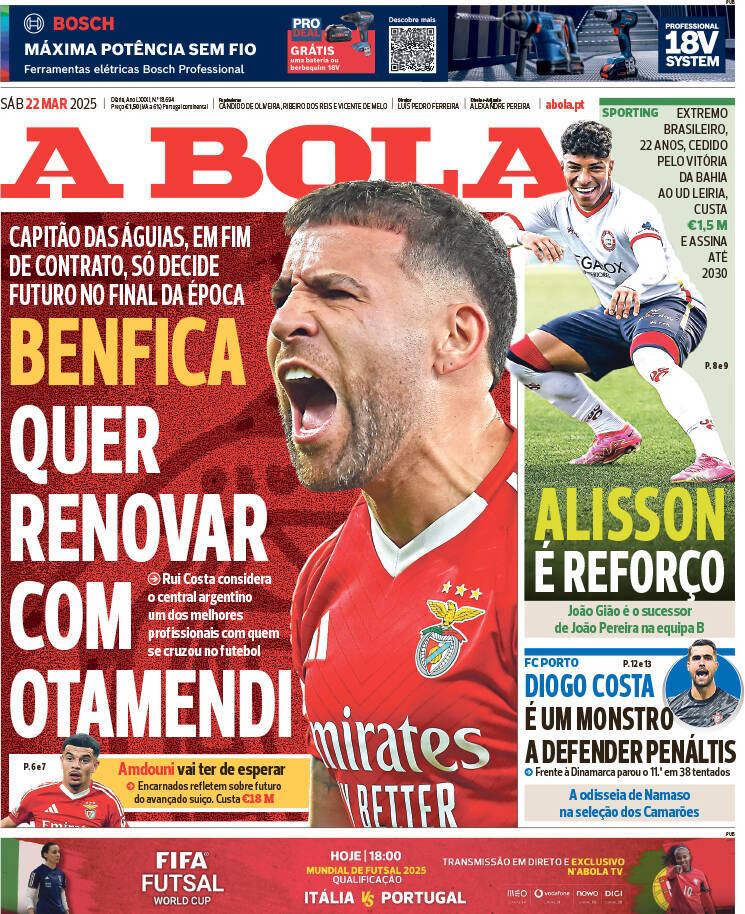 A Bola: Capa da Edi&ccedil;&atilde;o de s&aacute;bado, 22 de mar&ccedil;o 2025