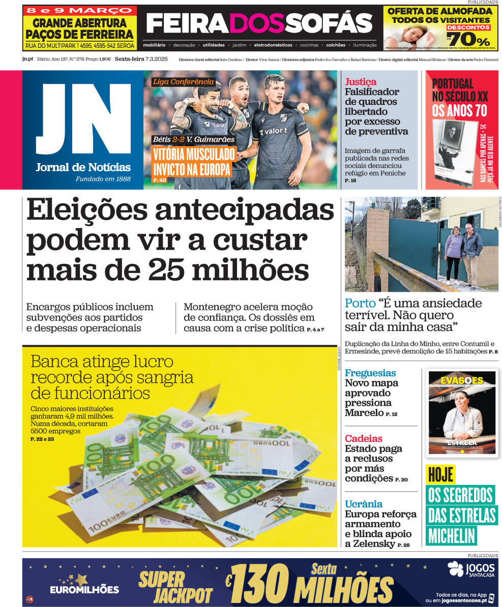 Jornal de Not&iacute;cias: Capa da Edi&ccedil;&atilde;o de sexta-feira, 07 de mar&ccedil;o 2025
