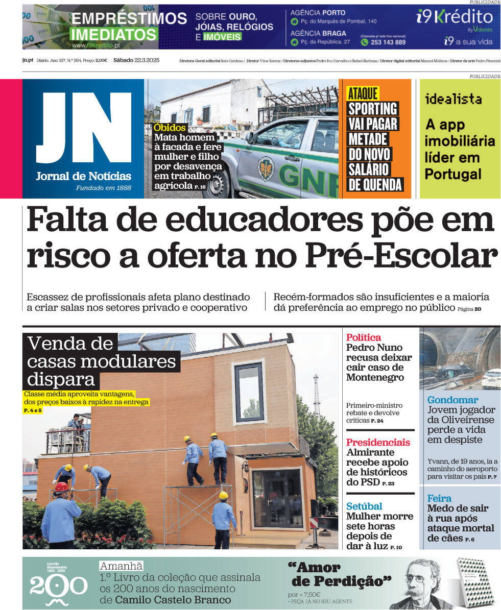 Jornal de Not&iacute;cias: Capa da Edi&ccedil;&atilde;o de s&aacute;bado, 22 de mar&ccedil;o 2025