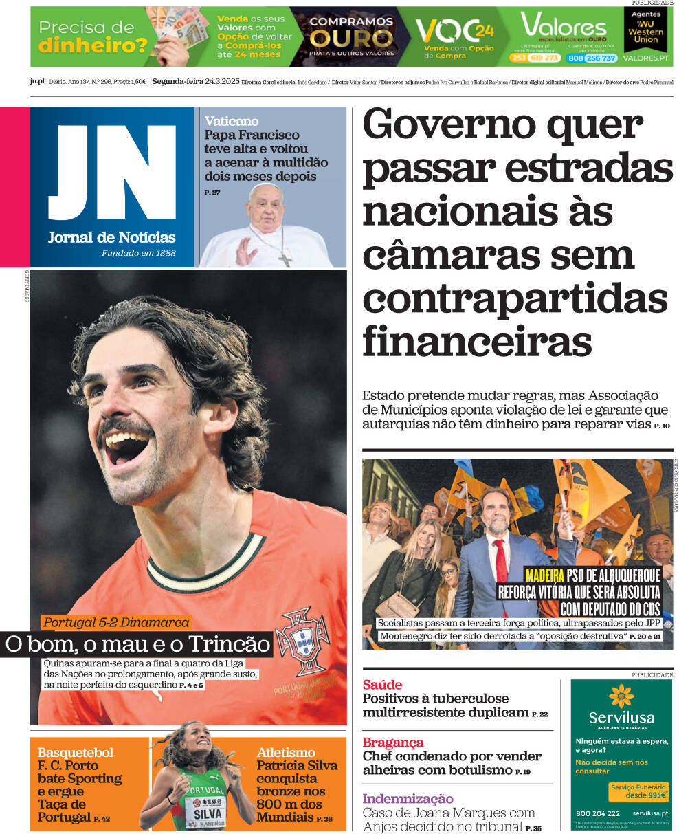 Jornal de Not&iacute;cias: Capa da Edi&ccedil;&atilde;o de segunda-feira, 24 de mar&ccedil;o 2025