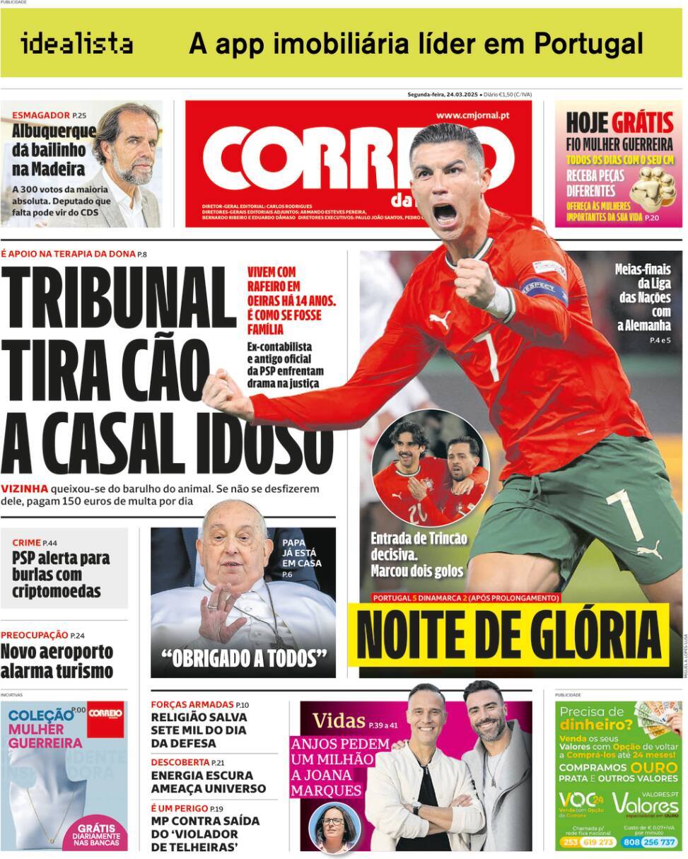Correio da Manh&atilde;: Capa da Edi&ccedil;&atilde;o de segunda-feira, 24 de mar&ccedil;o 2025