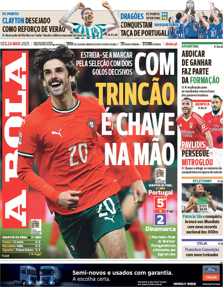 A Bola: Capa da Edi&ccedil;&atilde;o de segunda-feira, 24 de mar&ccedil;o 2025