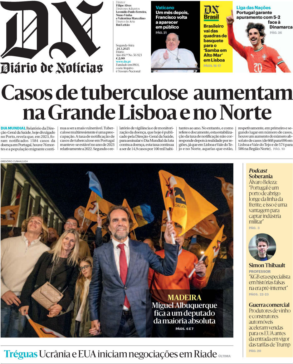 Di&aacute;rio de Not&iacute;cias: Capa da Edi&ccedil;&atilde;o de segunda-feira, 24 de mar&ccedil;o 2025