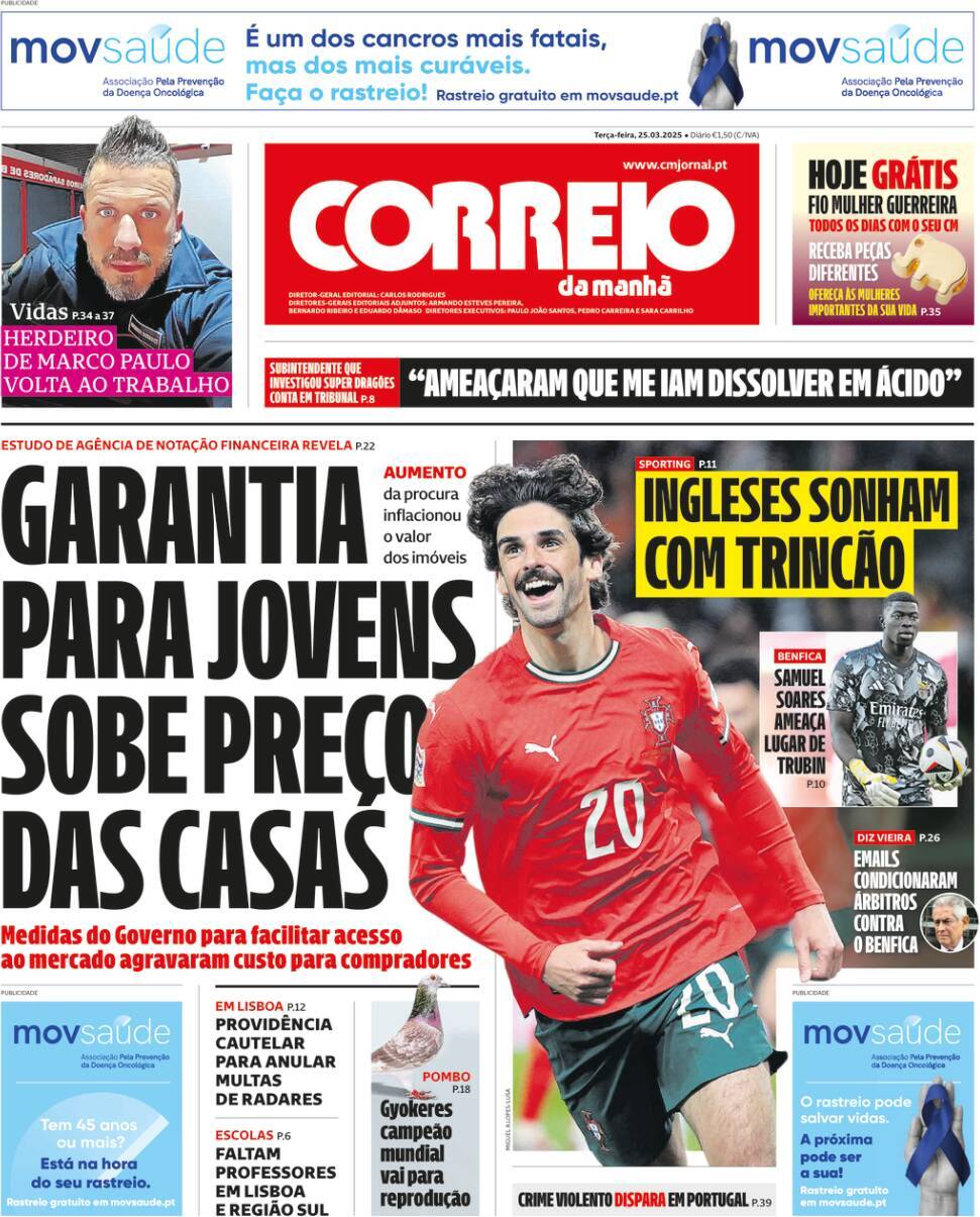 Correio da Manh&atilde;: Capa da Edi&ccedil;&atilde;o de ter&ccedil;a-feira, 25 de mar&ccedil;o 2025