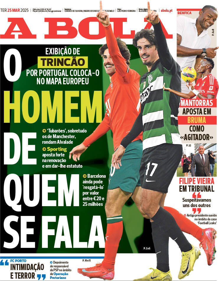 A Bola: Capa da Edi&ccedil;&atilde;o de ter&ccedil;a-feira, 25 de mar&ccedil;o 2025
