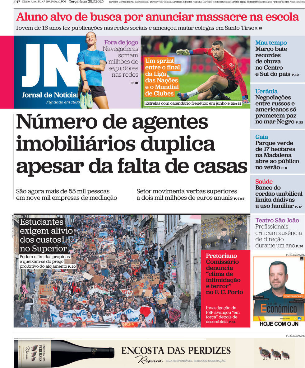 Jornal de Not&iacute;cias: Capa da Edi&ccedil;&atilde;o de ter&ccedil;a-feira, 25 de mar&ccedil;o 2025