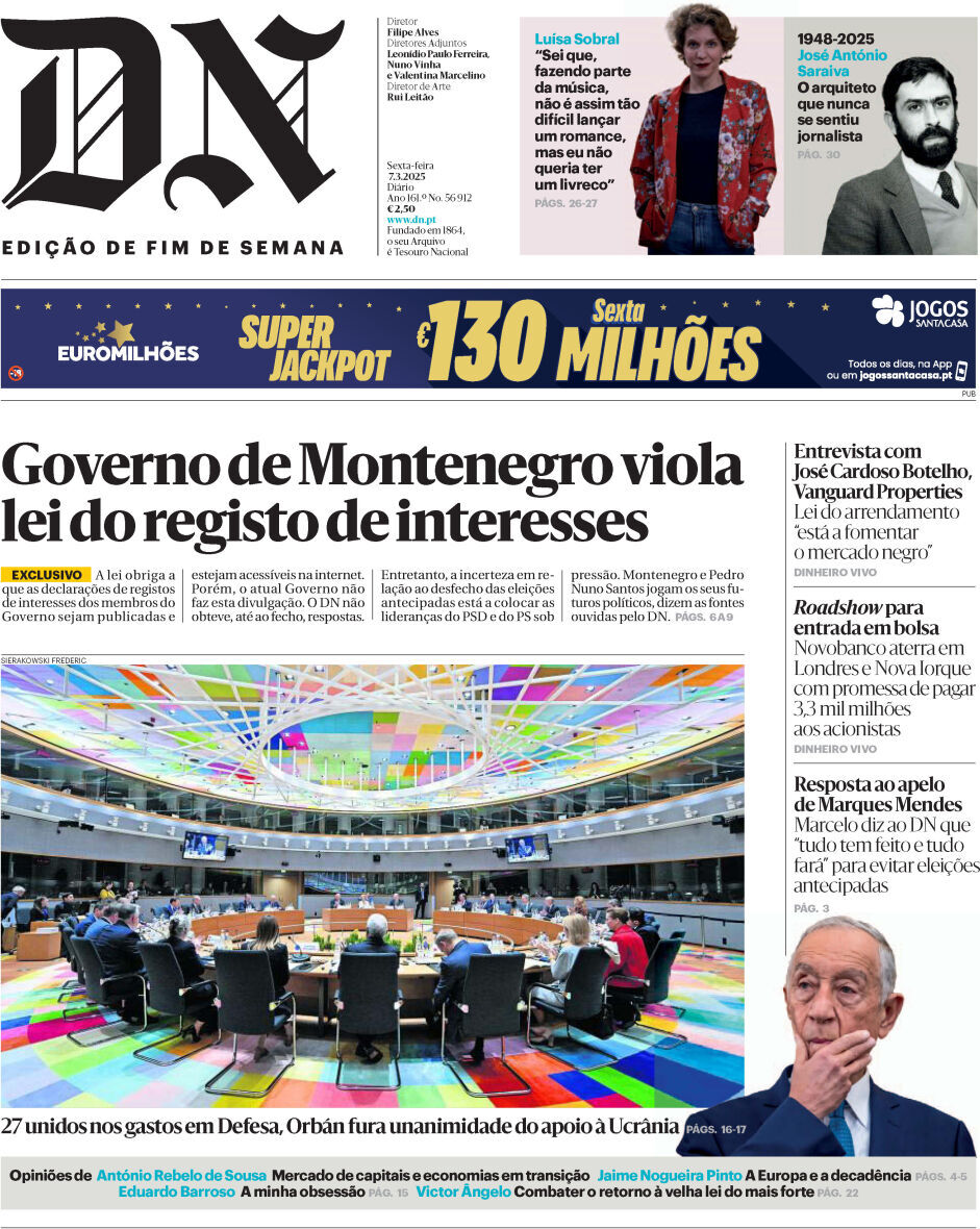Di&aacute;rio de Not&iacute;cias: Capa da Edi&ccedil;&atilde;o de sexta-feira, 07 de mar&ccedil;o 2025