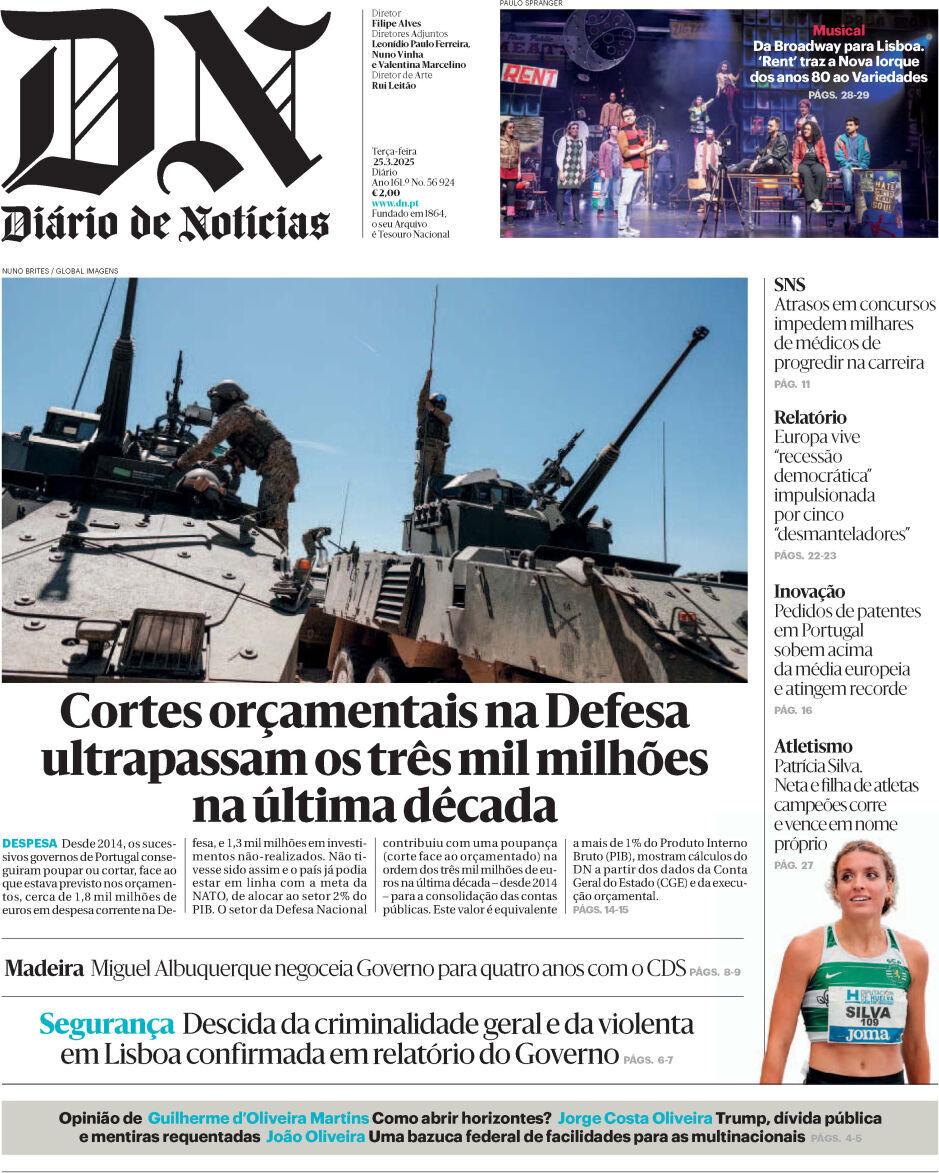 Di&aacute;rio de Not&iacute;cias: Capa da Edi&ccedil;&atilde;o de ter&ccedil;a-feira, 25 de mar&ccedil;o 2025