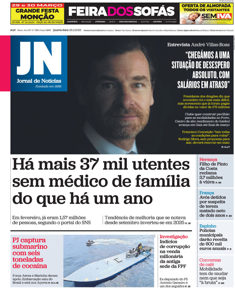 Jornal de Not&iacute;cias: Capa da Edi&ccedil;&atilde;o de quarta-feira, 26 de mar&ccedil;o 2025