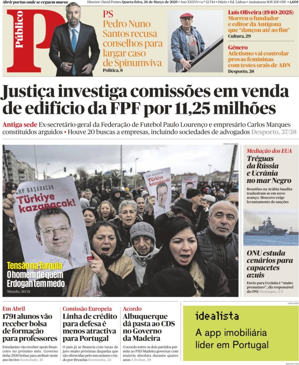 P&uacute;blico: Capa da Edi&ccedil;&atilde;o de quarta-feira, 26 de mar&ccedil;o 2025