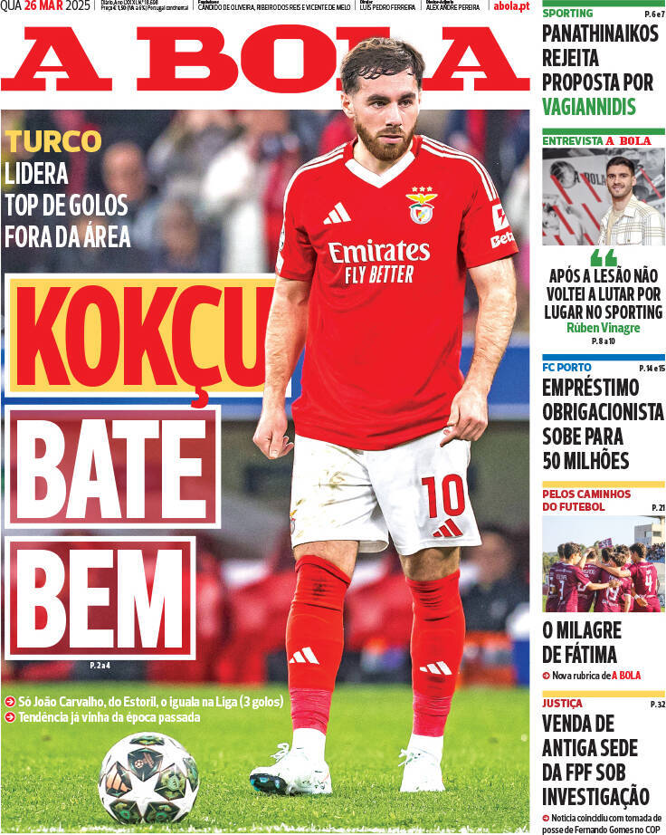 A Bola: Capa da Edi&ccedil;&atilde;o de quarta-feira, 26 de mar&ccedil;o 2025