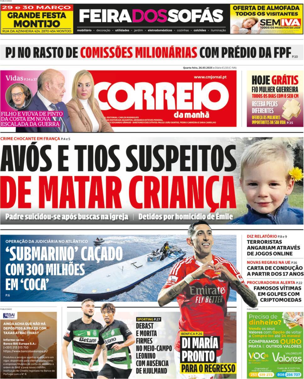 Correio da Manh&atilde;: Capa da Edi&ccedil;&atilde;o de quarta-feira, 26 de mar&ccedil;o 2025