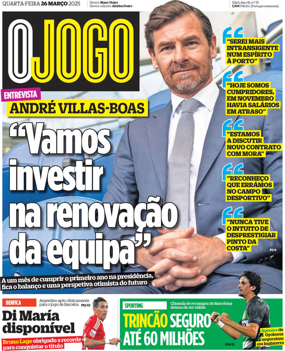 O Jogo: Capa da Edi&ccedil;&atilde;o de quarta-feira, 26 de mar&ccedil;o 2025