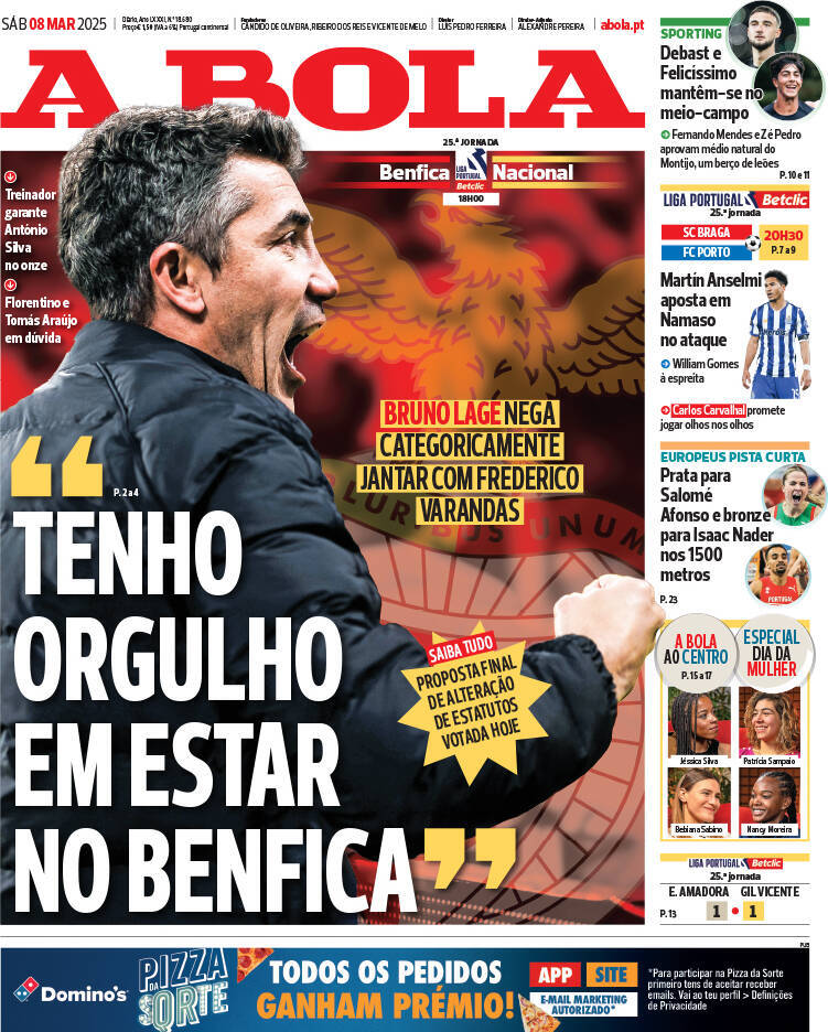 A Bola: Capa da Edi&ccedil;&atilde;o de s&aacute;bado, 08 de mar&ccedil;o 2025