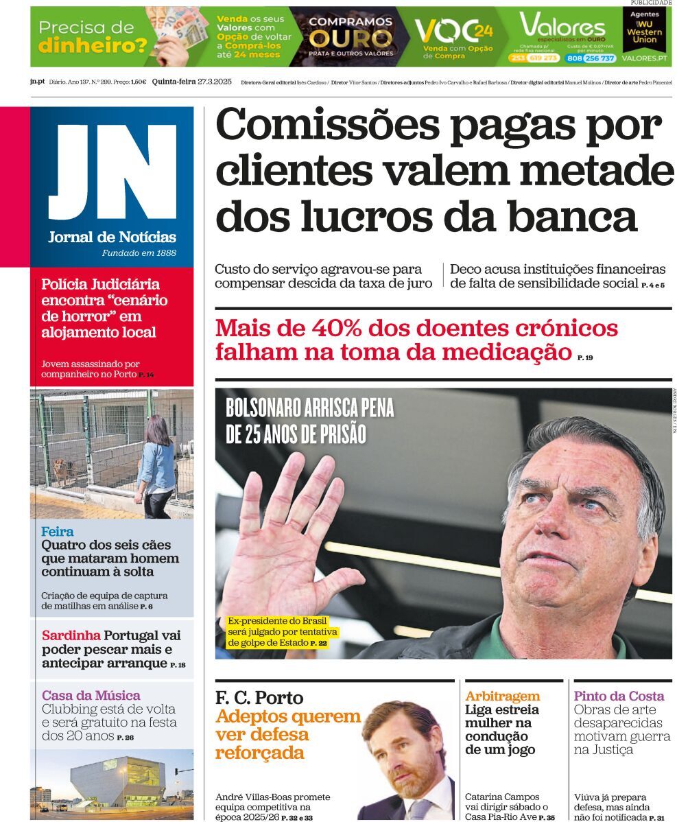 Jornal de Not&iacute;cias: Capa da Edi&ccedil;&atilde;o de quinta-feira, 27 de mar&ccedil;o 2025