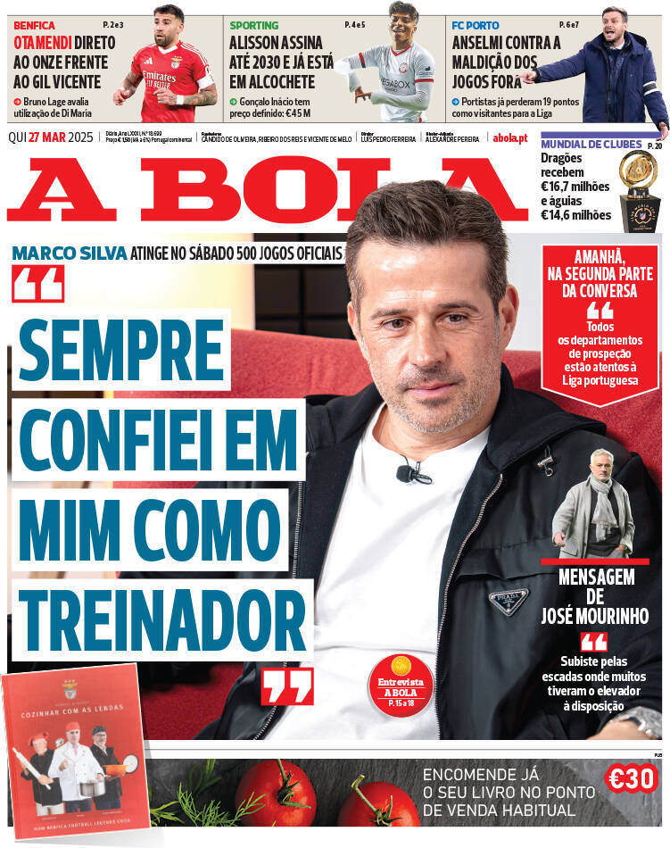 A Bola: Capa da Edi&ccedil;&atilde;o de quinta-feira, 27 de mar&ccedil;o 2025
