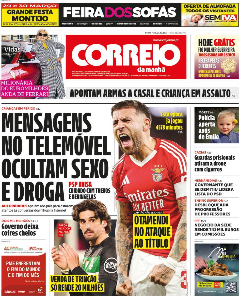 Correio da Manh&atilde;: Capa da Edi&ccedil;&atilde;o de quinta-feira, 27 de mar&ccedil;o 2025